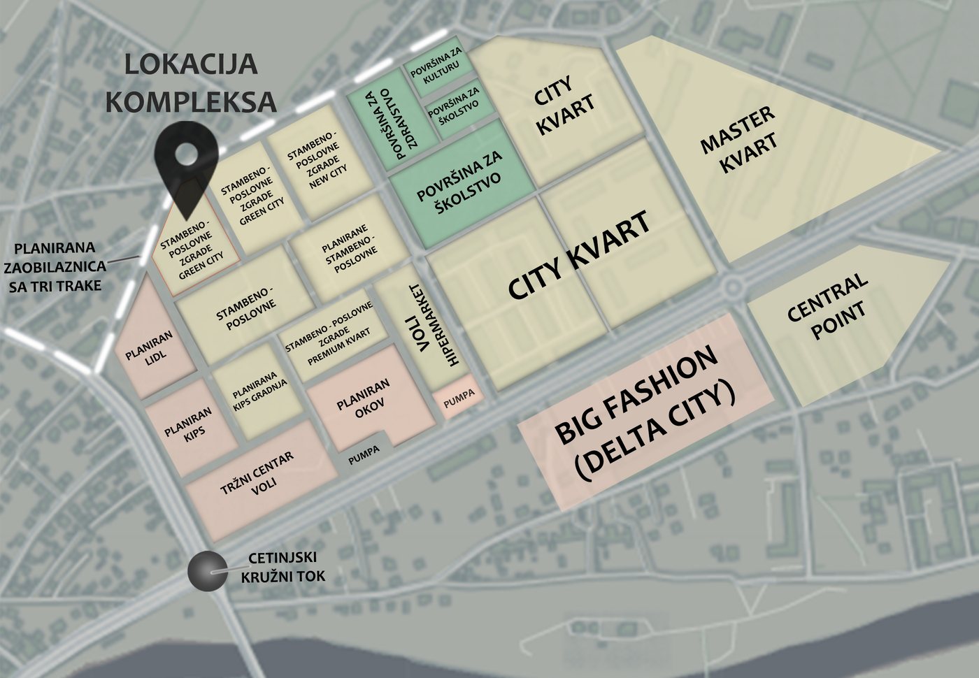Mapa lokacije kompleksa uz City kvart: Big Fashion (Delta City), Voli hipermarket, površine za školstvo i zdravstvo, Cetinjski kružni tok